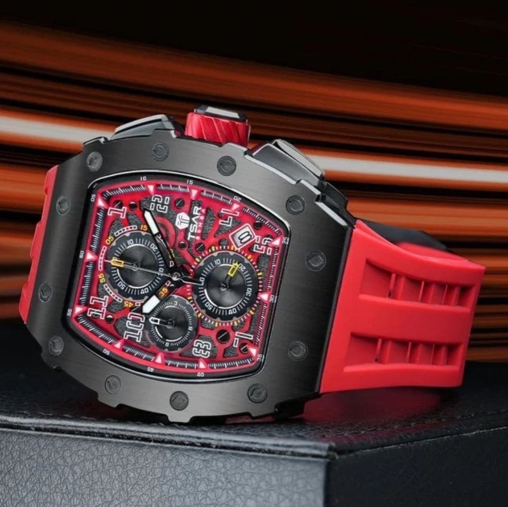 TSAR BOMBA Mens Elemental Black Face TB8204Q Red Band Watch - Picture 7 of 7